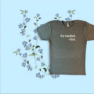 Woman’s t-shirt. Grey with white font.